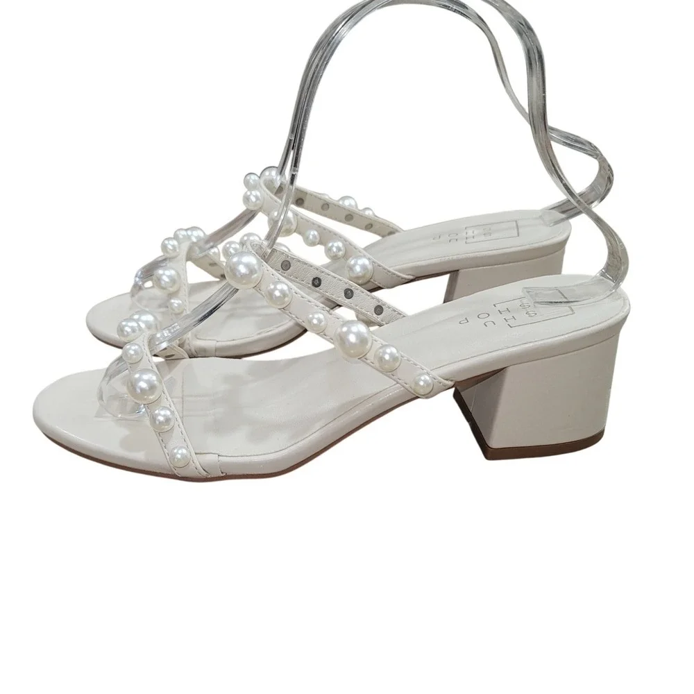 Shu Shop Pearl Block Heel Embellished Sandals 7.5 Faux Pearl Strappy Dressy Chic
